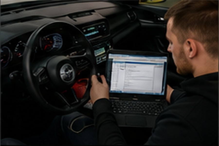 Technician using a laptop for vehicle ECU diagnostics and tuning