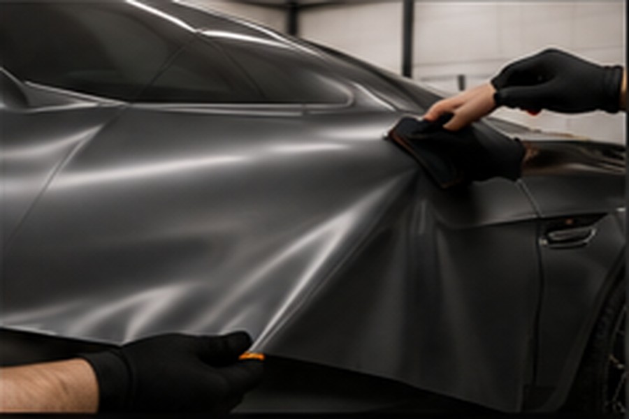 Technician applying vinyl wrap to a vehicle panel
