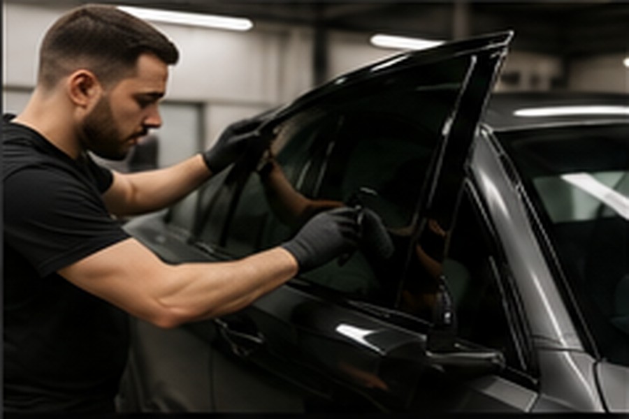 Technician fitting window tint film to a car window